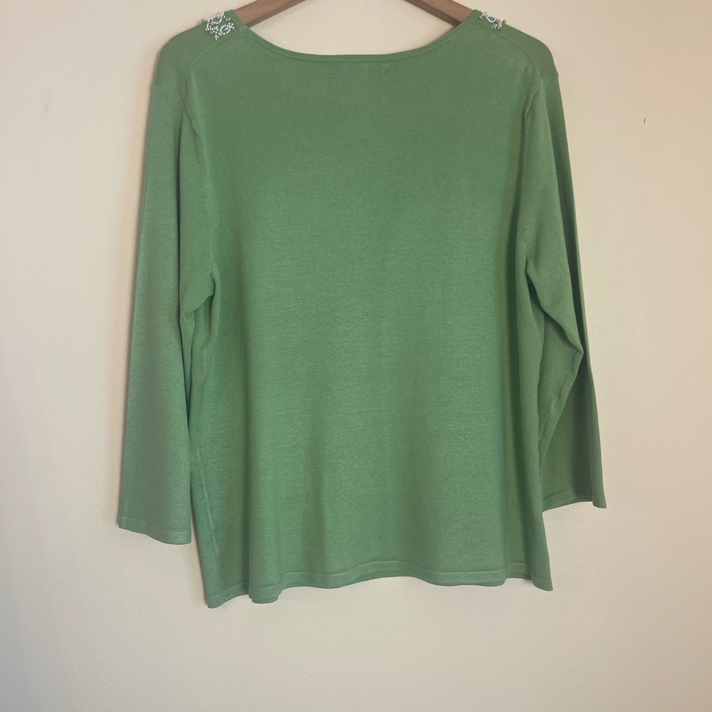 Silk Blend Beaded Knit Sweater XL Mint Green 3/4 Sleeve Quiet Luxury Coastal Top - Picture 7 of 11